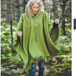 Olive Green Buttoned Poncho with Fringe 100% Wool